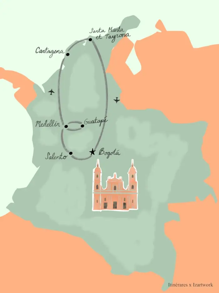 croquis d'un itinéraire de 2 semaines en Colombie | itinerares